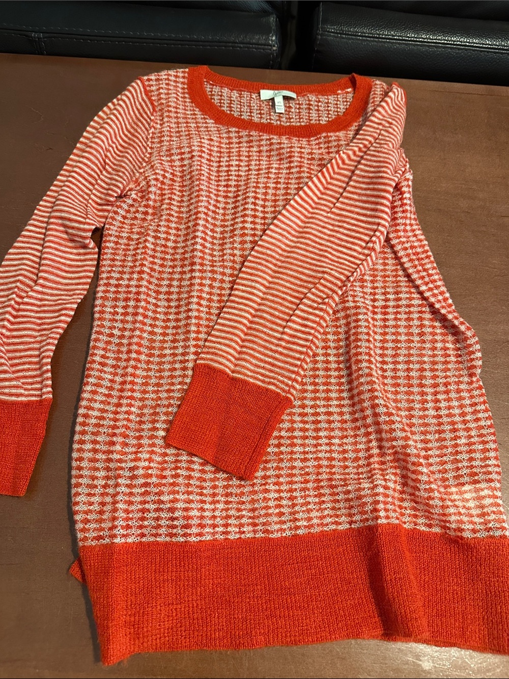 Joie Orange & White Houndstooth Knit Crewneck Sweater